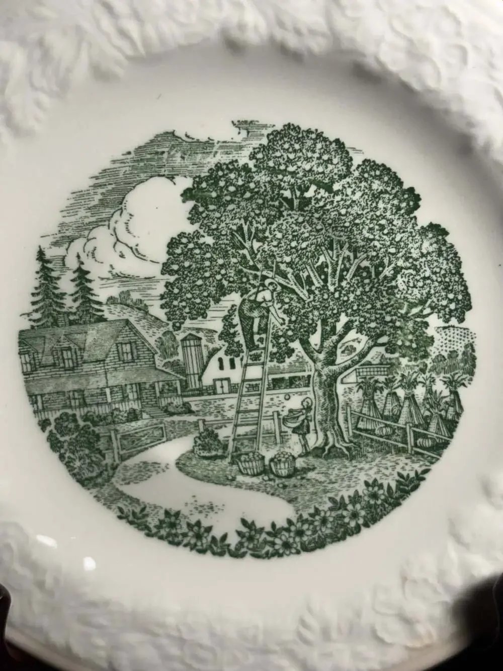 Vintage Homer Laughlin Pastoral Pattern 6-inch Saucer Plate w Farm Apple Scene